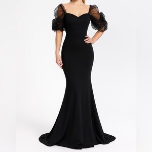 Elegant Black Maxi Dress Sheer Puff ruffle party Sleeves stretch Size L